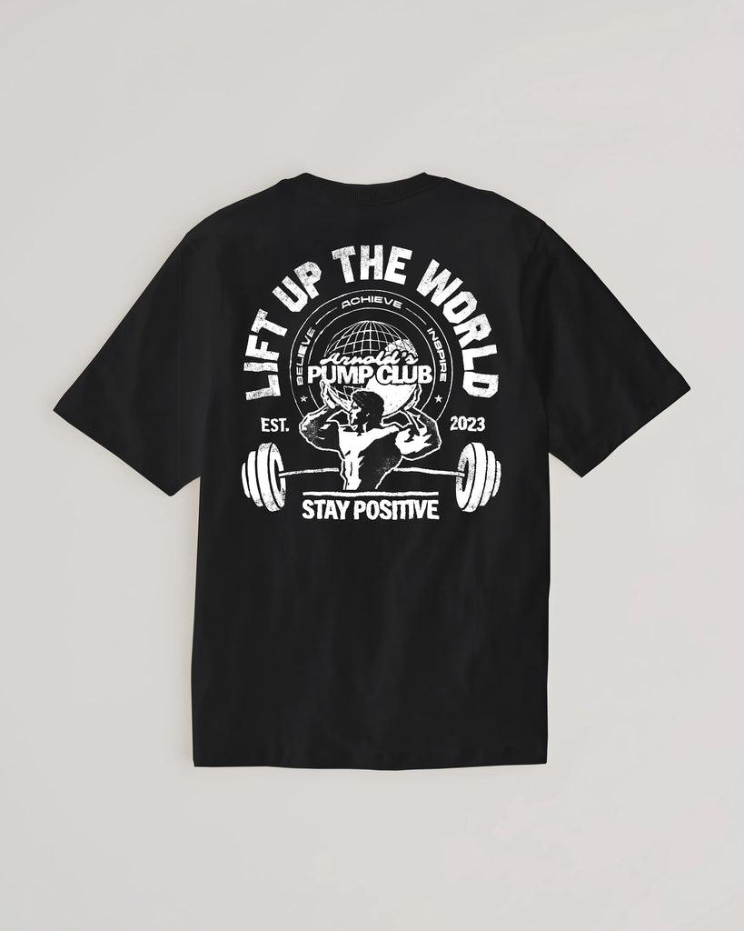 Lift Up The World White On Black T-Shirt – Arnold's Pump Club