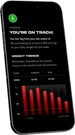 iPhone with app screenshot, angled slightly left