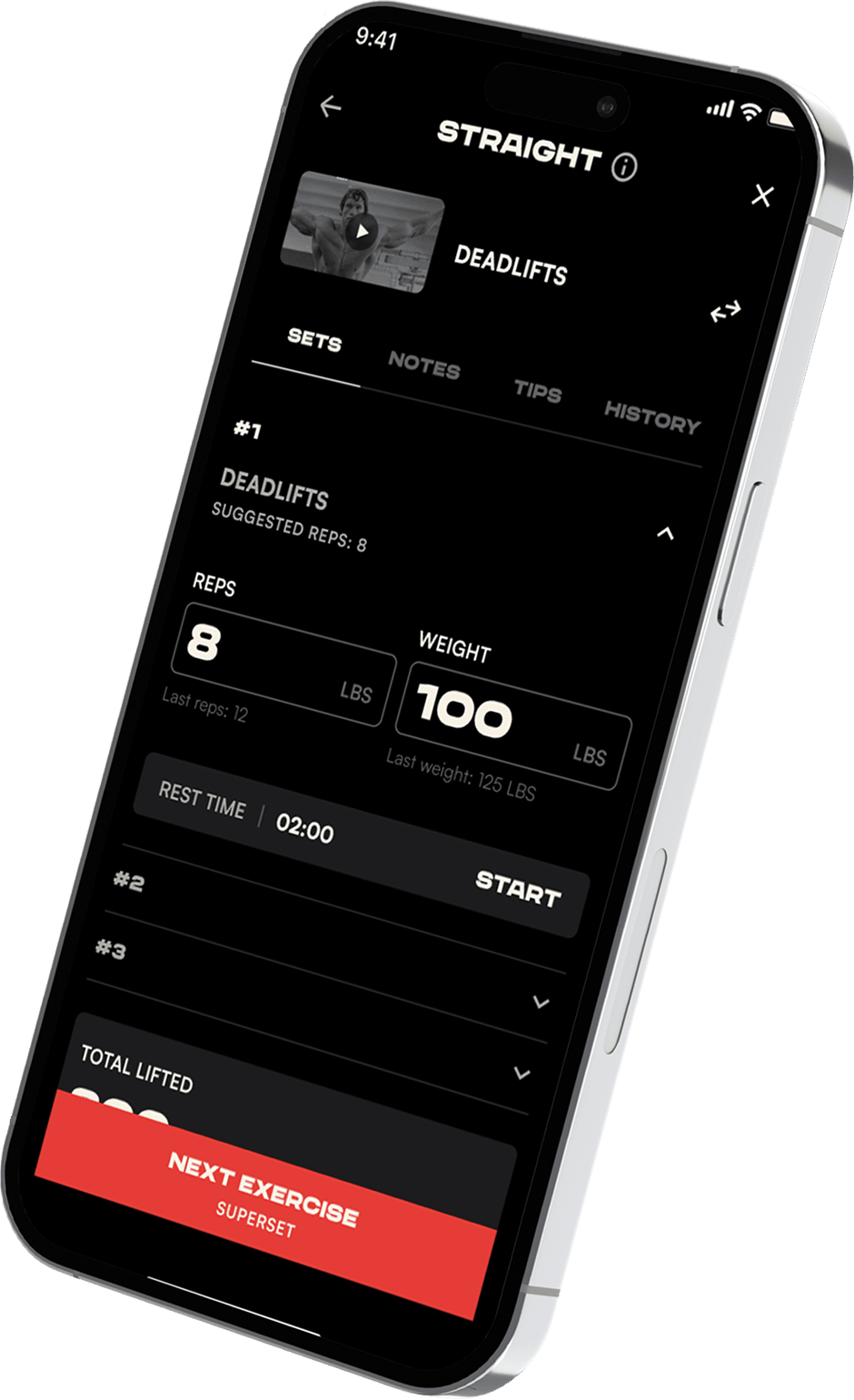 iPhone with app screenshot, angled right